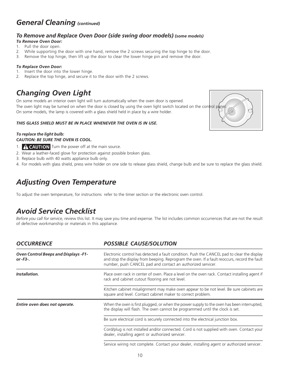 General cleaning, Changing oven light, Adjusting oven temperature | Avoid service checklist | FRIGIDAIRE 318200912 User Manual | Page 10 / 12