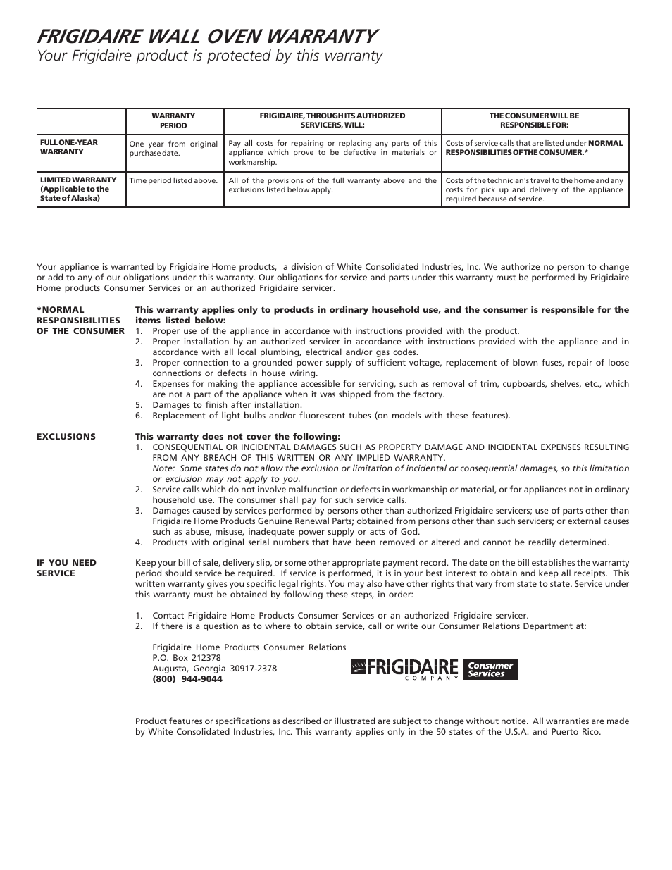 Frigidaire wall oven warranty | FRIGIDAIRE 318200912 User Manual | Page 12 / 12