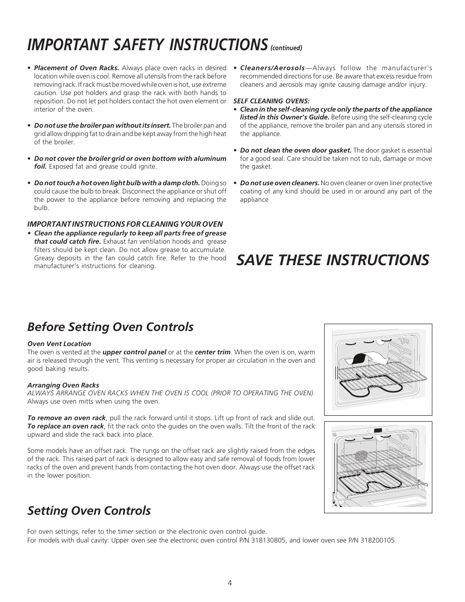 Important safety instructions, Save these instructions, Before setting oven controls | Setting oven controls | FRIGIDAIRE 318200912 User Manual | Page 4 / 12