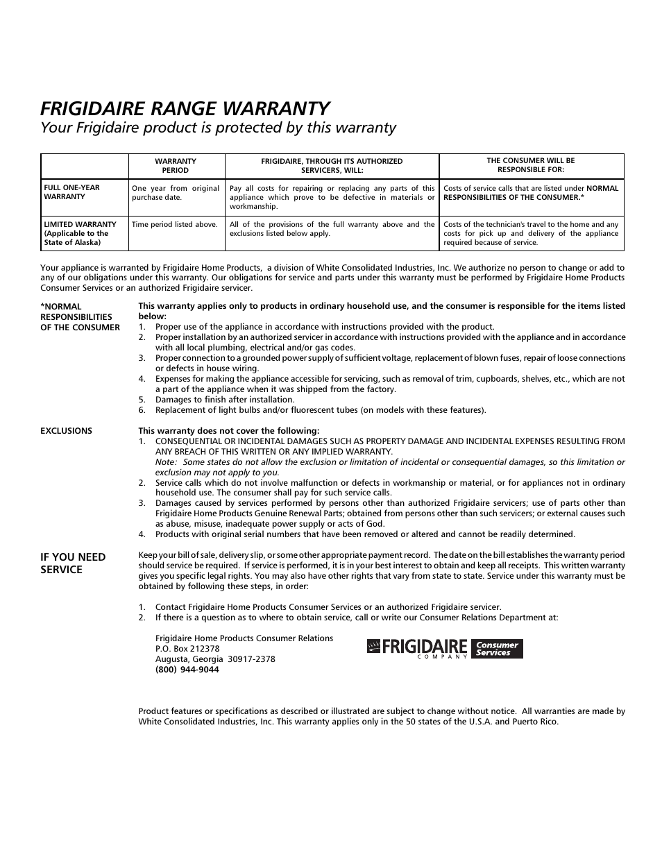 Frigidaire range warranty | FRIGIDAIRE HV2730B User Manual | Page 6 / 6