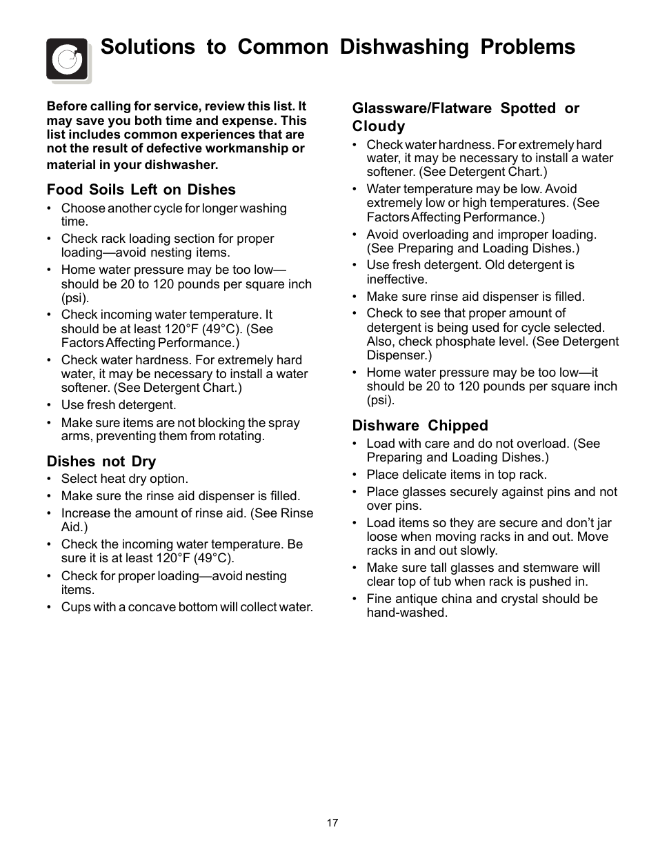 Solutions to common dishwashing problems | FRIGIDAIRE 4000 User Manual | Page 17 / 20