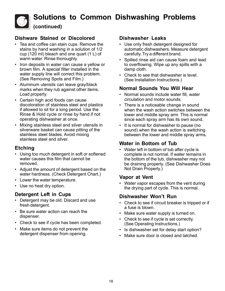 Solutions to common dishwashing problems | FRIGIDAIRE 4000 User Manual | Page 18 / 20