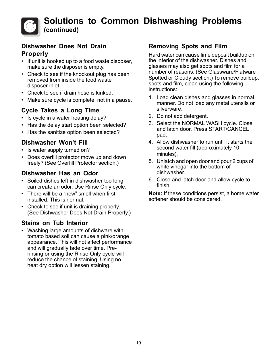 Solutions to common dishwashing problems | FRIGIDAIRE 4000 User Manual | Page 19 / 20