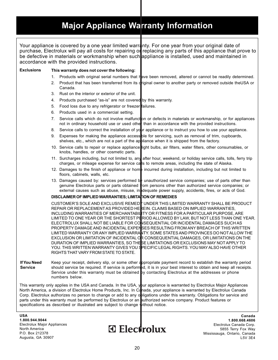 Major appliance warranty information | FRIGIDAIRE 4000 User Manual | Page 20 / 20