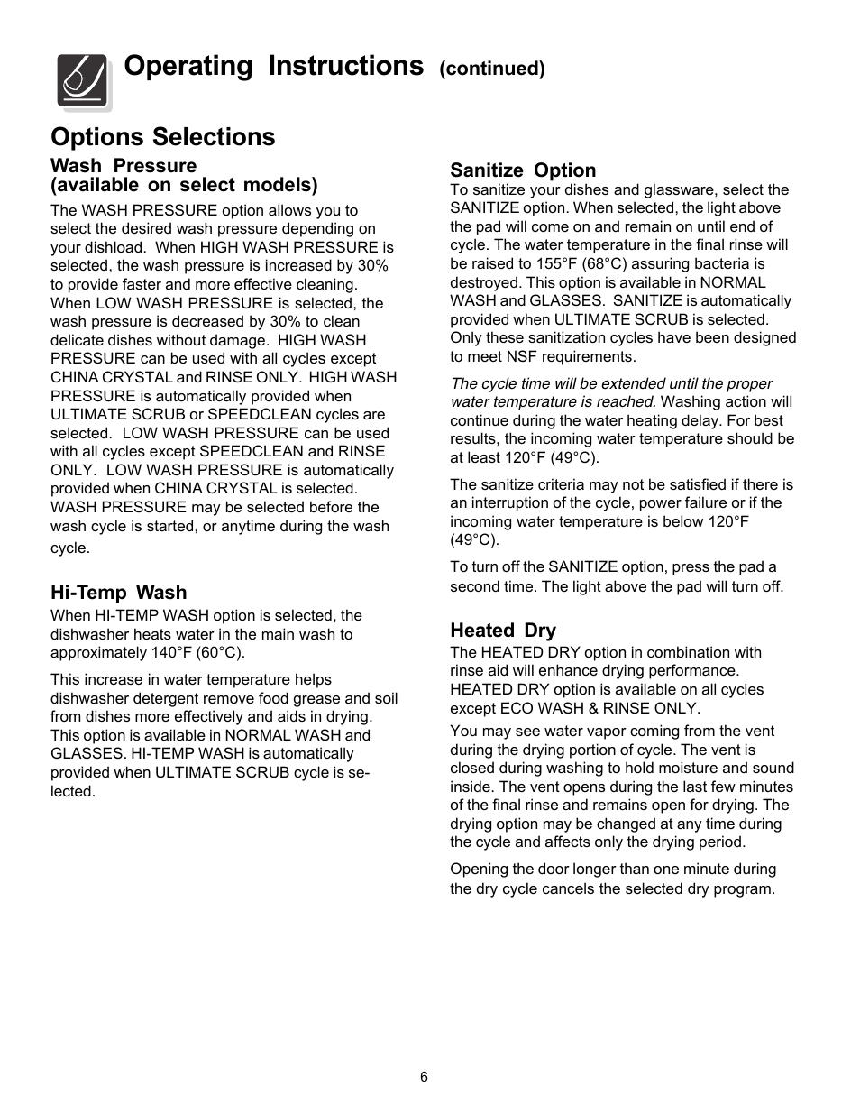 Operating instructions, Options selections | FRIGIDAIRE 4000 User Manual | Page 6 / 20