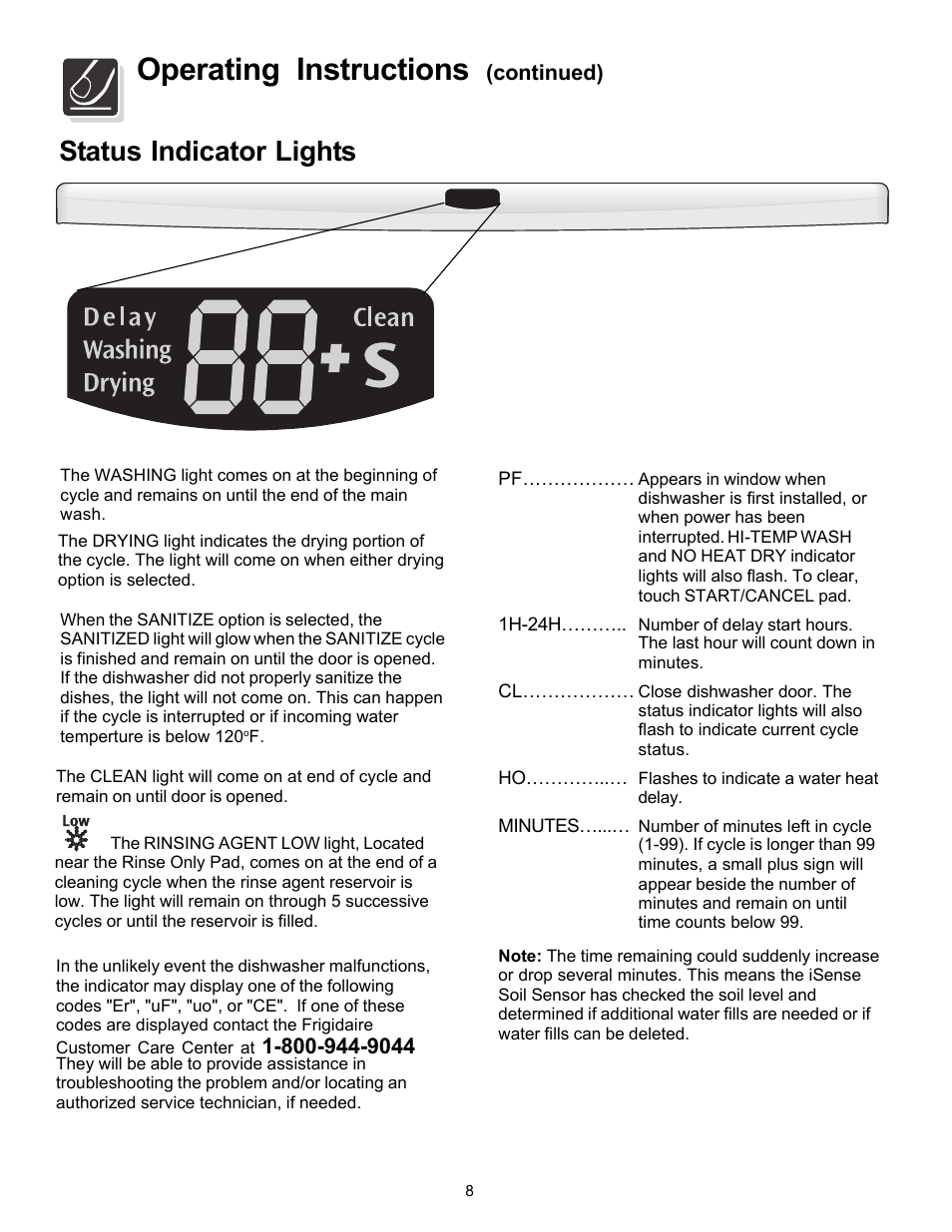 Operating instructions, Status indicator lights | FRIGIDAIRE 4000 User Manual | Page 8 / 20