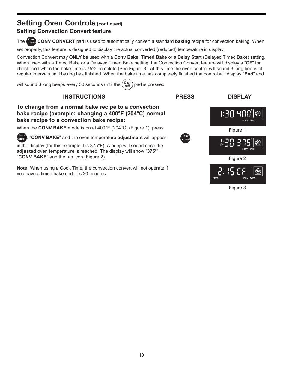 Setting oven controls, Instructions press display, Setting convection convert feature | Figure 1, Figure 3 figure 2, Continued), Pad is pressed | FRIGIDAIRE 318204125 User Manual | Page 10 / 20