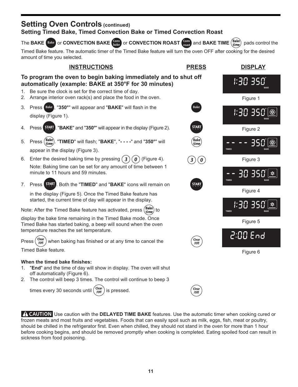Setting oven controls, Instructions press display, The bake | Or convection bake, Or convection roast, And bake time, Continued), Is pressed | FRIGIDAIRE 318204125 User Manual | Page 11 / 20