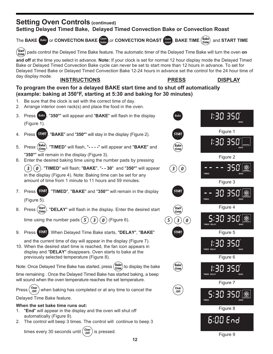 Setting oven controls, The bake, Or convection bake | Or convection roast, Bake time, And start time, Figure 6). 9. press, Is pressed, Continued) | FRIGIDAIRE 318204125 User Manual | Page 12 / 20