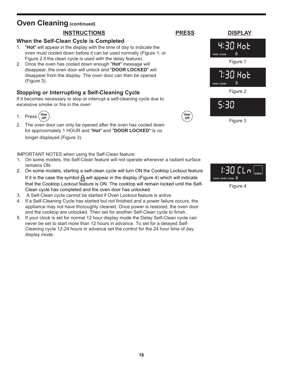 Oven cleaning, Instructions press display, When the self-clean cycle is completed | Stopping or interrupting a self-cleaning cycle, Continued), Figure 3, Figure 4, Figure 1 figure 2 | FRIGIDAIRE 318204125 User Manual | Page 18 / 20