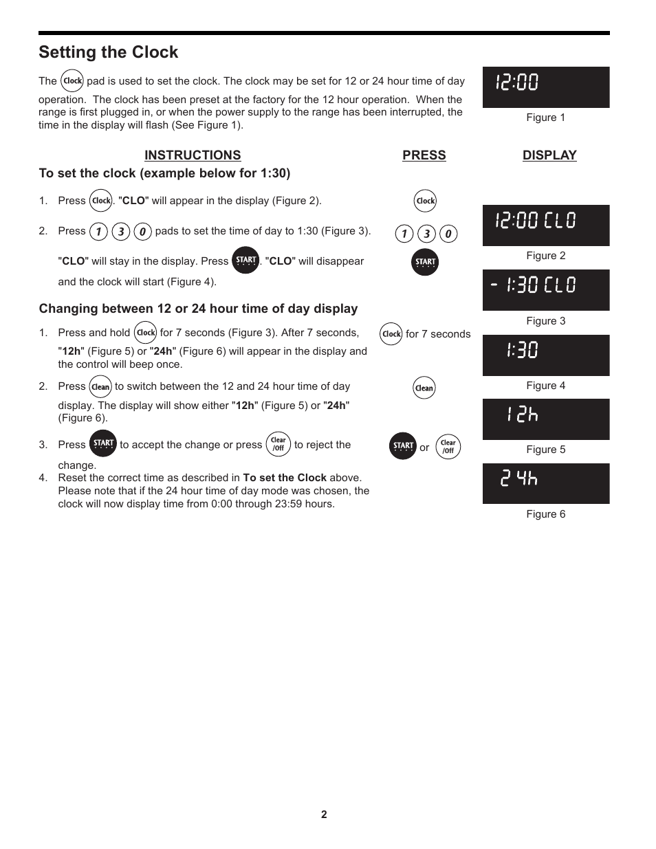 Setting the clock, Instructions press display, Changing between 12 or 24 hour time of day display | FRIGIDAIRE 318204125 User Manual | Page 2 / 20