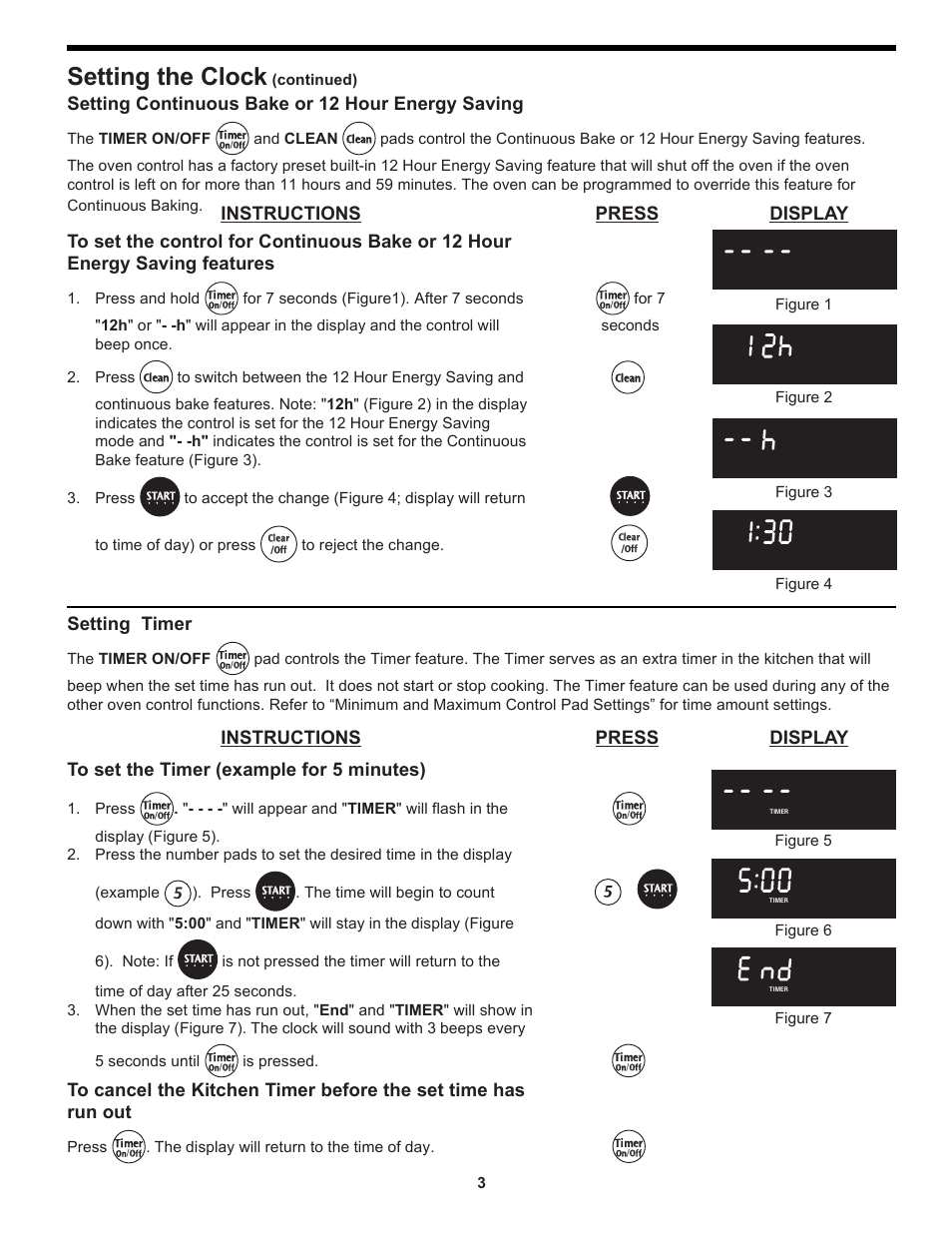Setting the clock, Setting timer, Setting continuous bake or 12 hour energy saving | The timer on/off, Press, Is pressed, The display will return to the time of day, Continued), And clean, Press and hold | FRIGIDAIRE 318204125 User Manual | Page 3 / 20