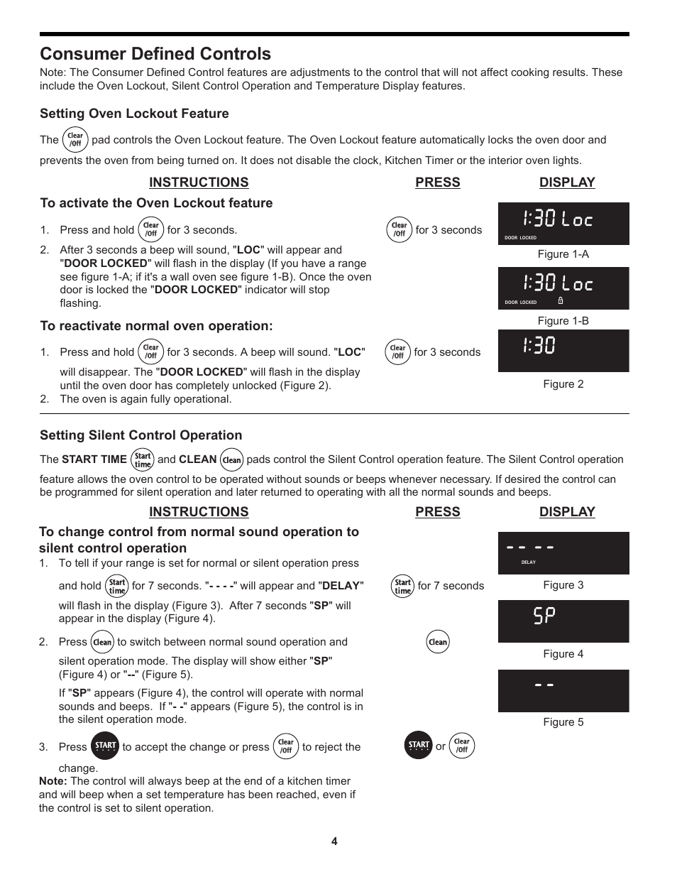Consumer defined controls, Instructions press display, Setting oven lockout feature | Setting silent control operation, For 3 seconds, For 3 seconds figure 1-a figure 2, Figure 3 figure 4 figure 5, Press and hold, The start time, And clean | FRIGIDAIRE 318204125 User Manual | Page 4 / 20