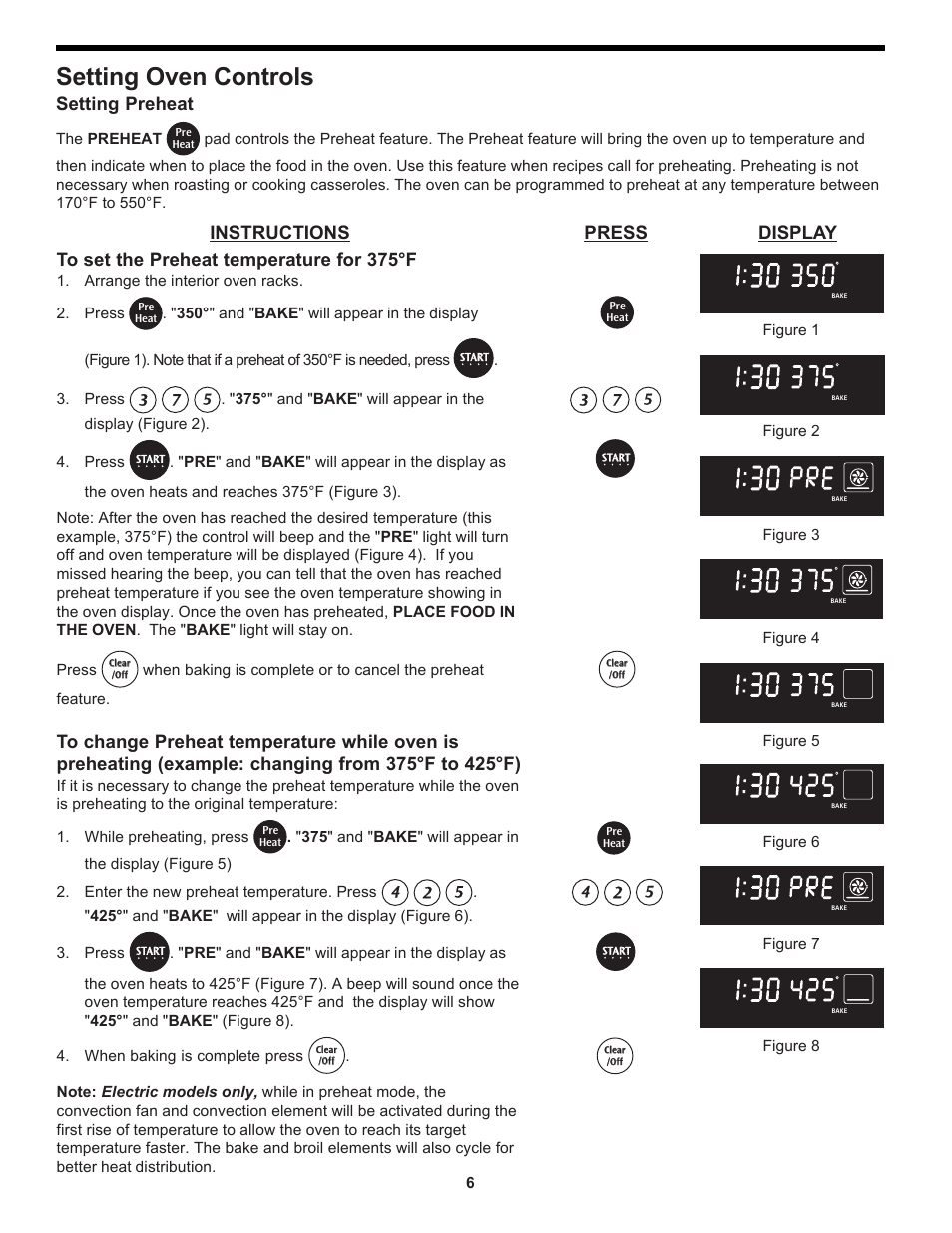 Setting oven controls, Setting preheat, Instructions press display | The preheat, Figure 6 figure 7 figure 8, Arrange the interior oven racks. 2. press, Press | FRIGIDAIRE 318204125 User Manual | Page 6 / 20