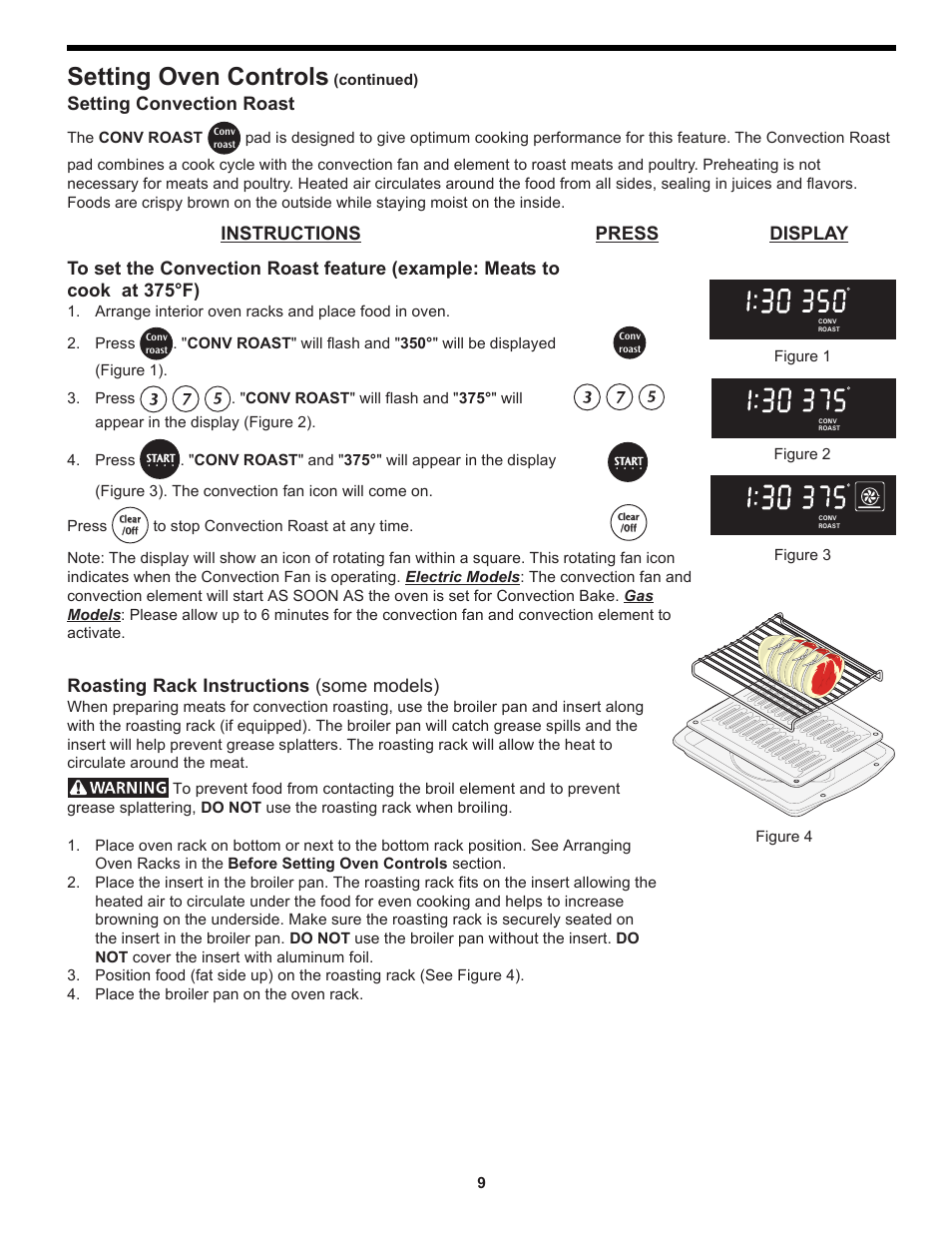 Setting oven controls, Instructions press display, Setting convection roast | Roasting rack instructions (some models) | FRIGIDAIRE 318204125 User Manual | Page 9 / 20