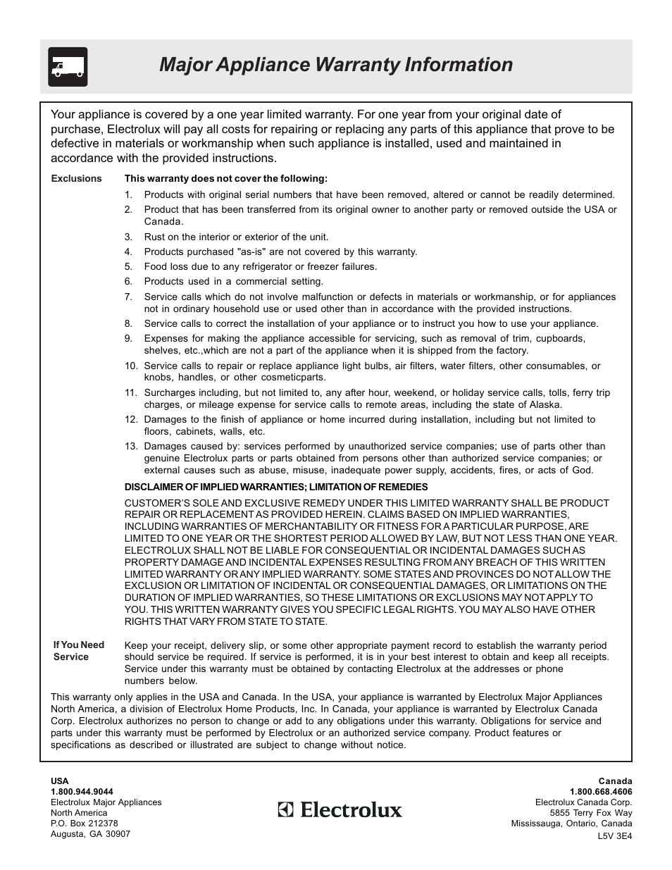 Major appliance warranty information | FRIGIDAIRE 316423411 User Manual | Page 20 / 20