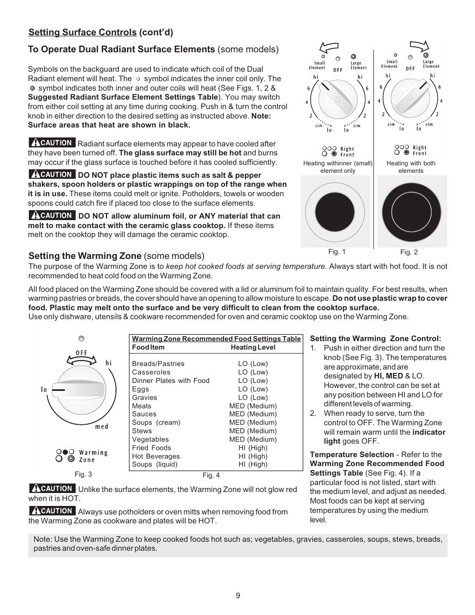 Setting the warming zone (some models), Setting surface controls (cont’d) | FRIGIDAIRE 316423411 User Manual | Page 9 / 20