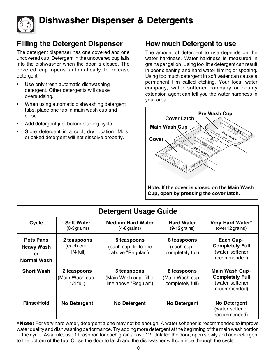 Dishwasher dispenser & detergents, Filling the detergent dispenser, Detergent usage guide | How much detergent to use | FRIGIDAIRE 740 User Manual | Page 10 / 16