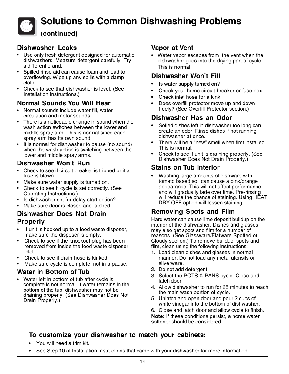 Solutions to common dishwashing problems | FRIGIDAIRE 740 User Manual | Page 14 / 16