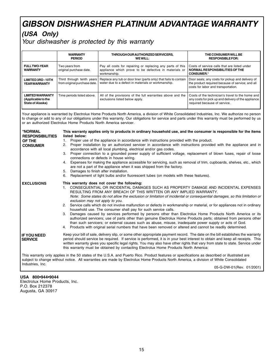 Gibson dishwasher platinum advantage warranty | FRIGIDAIRE 740 User Manual | Page 15 / 16