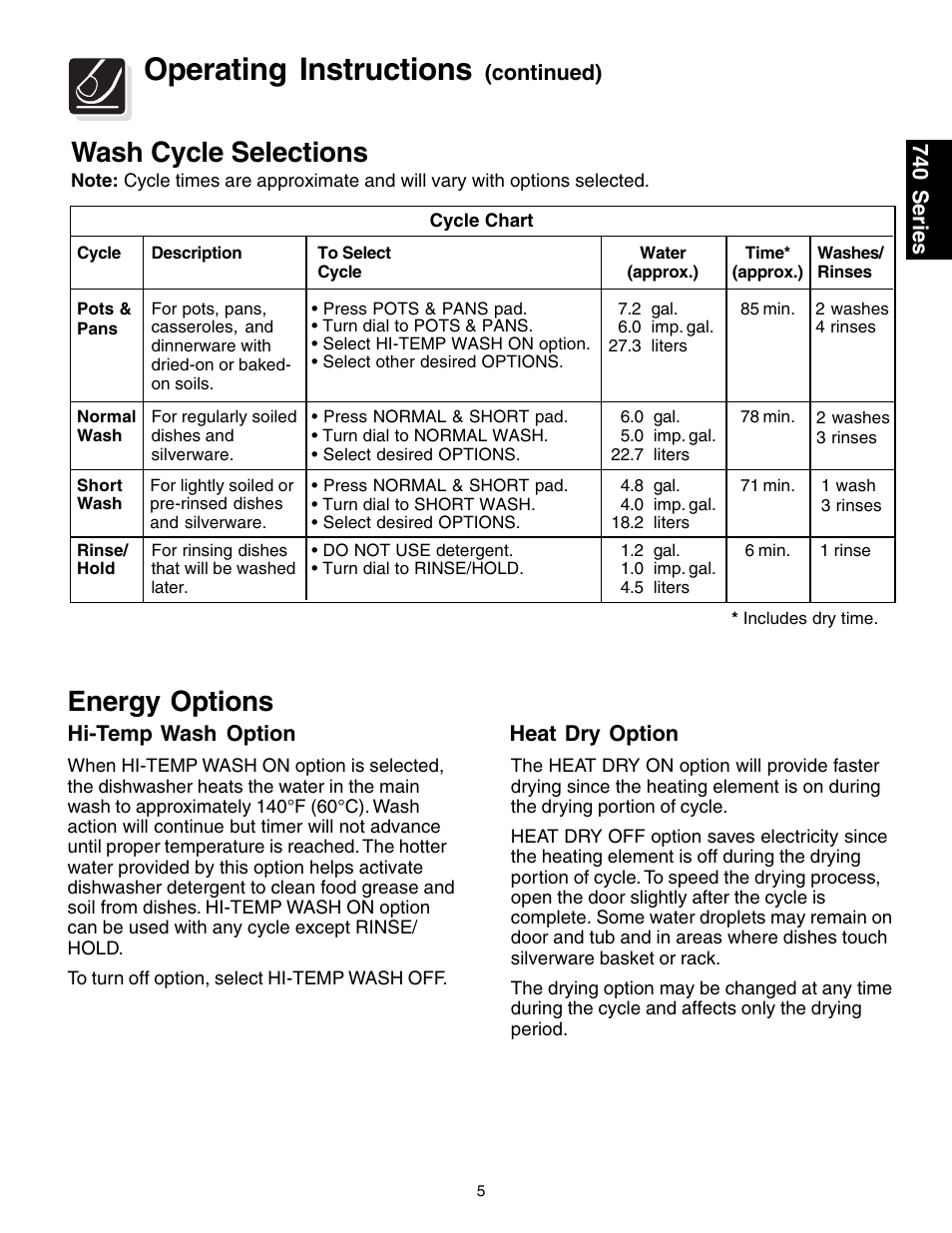 Operating instructions, Energy options wash cycle selections | FRIGIDAIRE 740 User Manual | Page 5 / 16