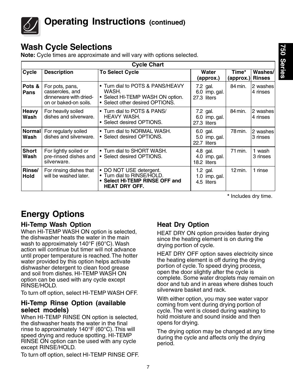 Operating instructions, Wash cycle selections, Energy options | FRIGIDAIRE 740 User Manual | Page 7 / 16