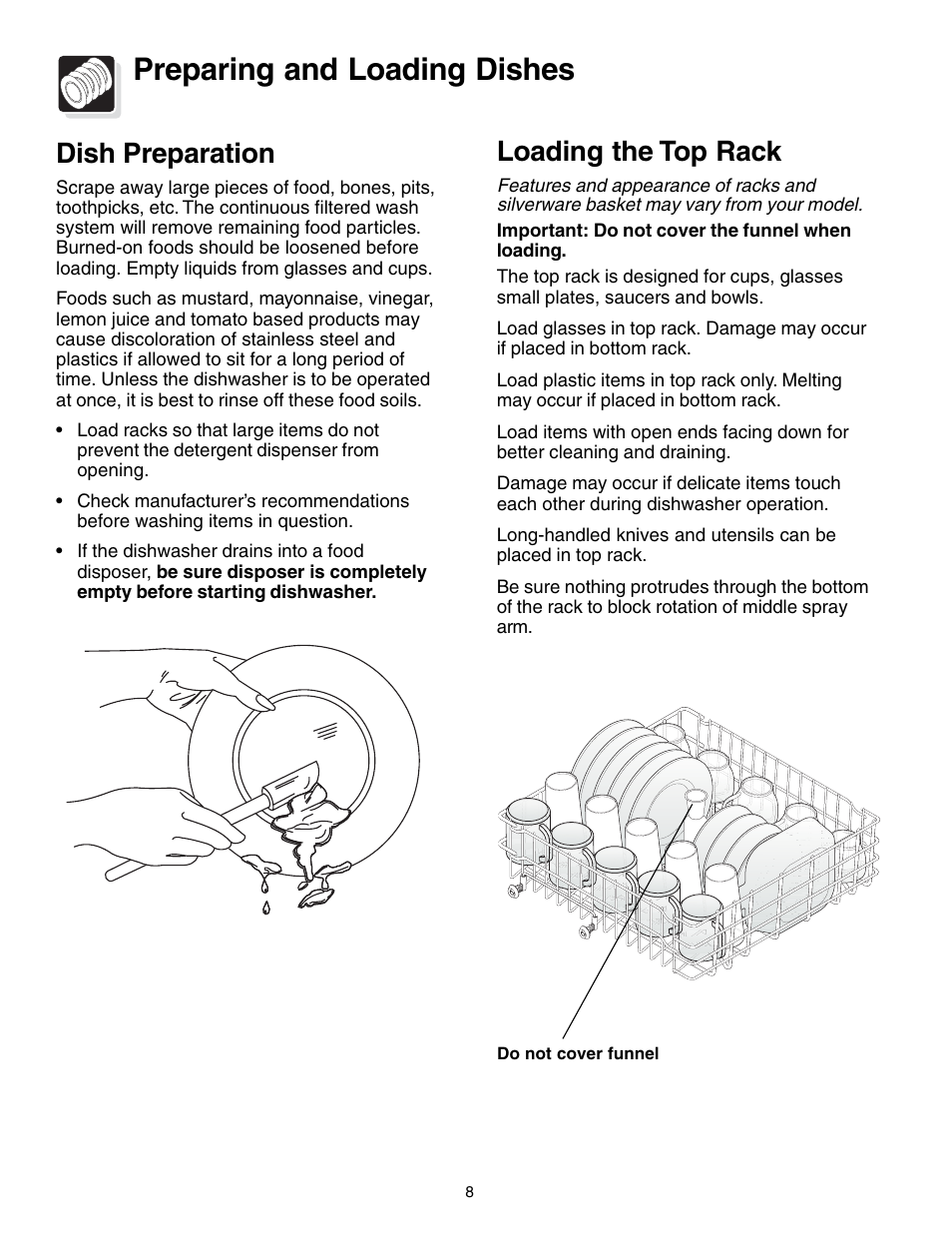 Preparing and loading dishes, Dish preparation, Loading the top rack | FRIGIDAIRE 740 User Manual | Page 8 / 16