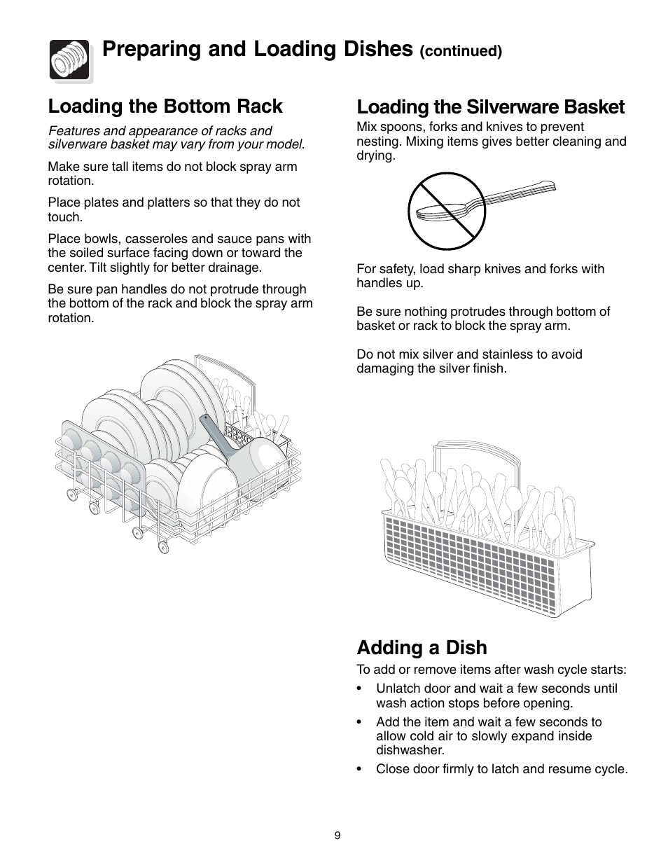 Preparing and loading dishes, Loading the silverware basket, Loading the bottom rack | Adding a dish | FRIGIDAIRE 740 User Manual | Page 9 / 16