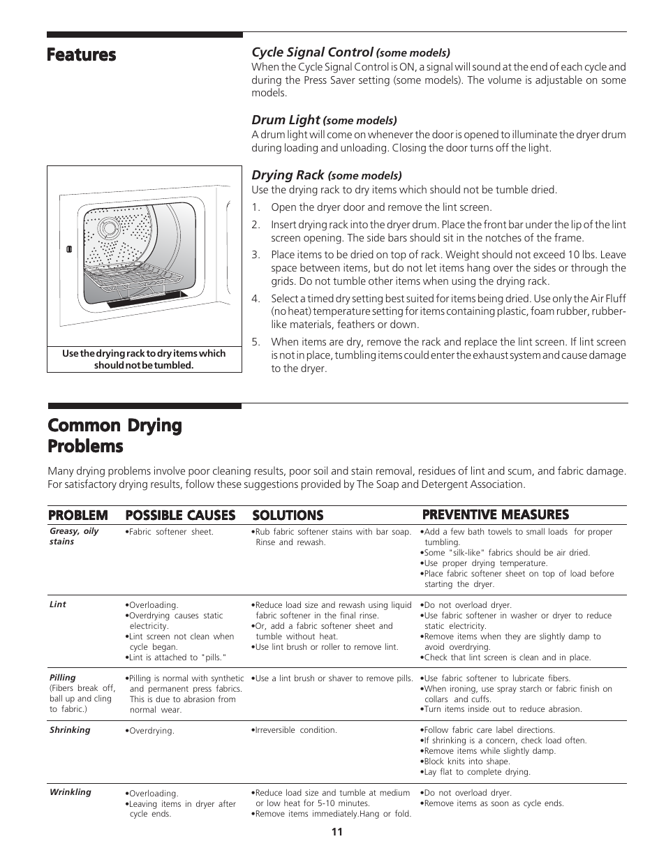 Featur, Featur features es es es es, Common drying | FRIGIDAIRE 134126300B User Manual | Page 11 / 16