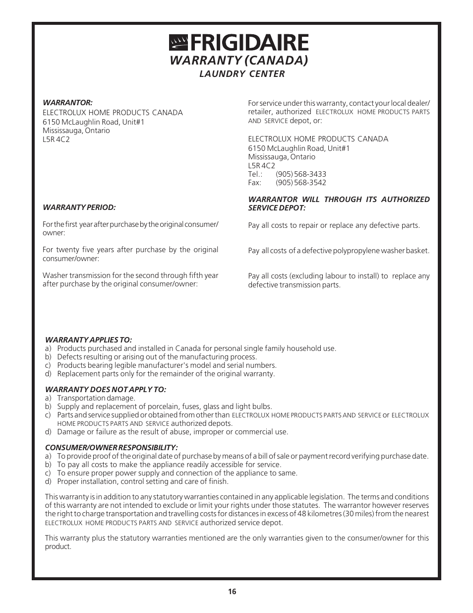 Warranty (canada) | FRIGIDAIRE 134126300B User Manual | Page 16 / 16