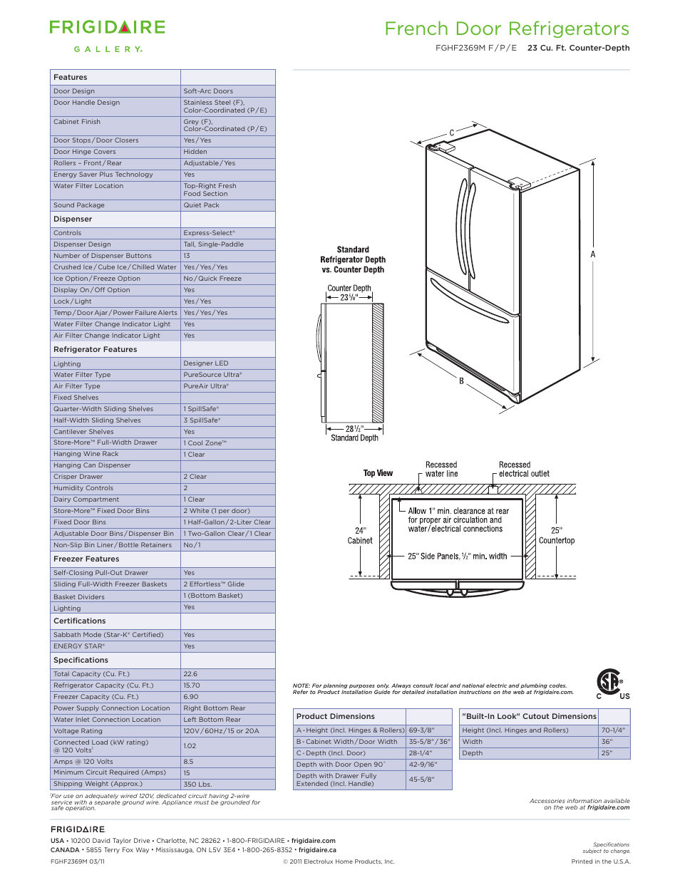 French door refrigerators | FRIGIDAIRE FGHF2369M User Manual | Page 2 / 3