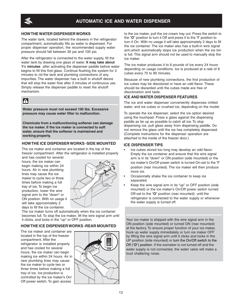 Automatic ice and water dispenser | FRIGIDAIRE 241721000 User Manual | Page 13 / 26