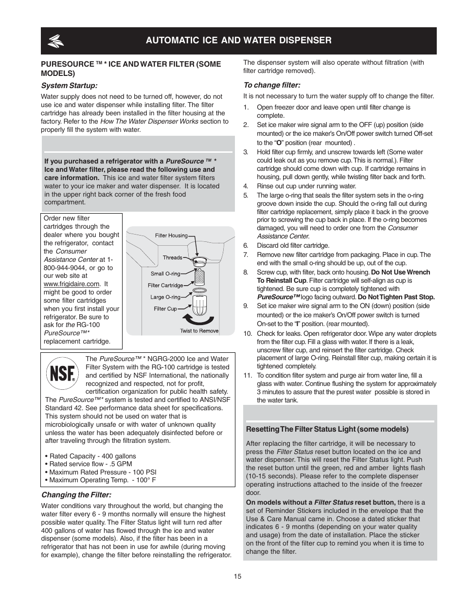 Automatic ice and water dispenser | FRIGIDAIRE 241721000 User Manual | Page 15 / 26