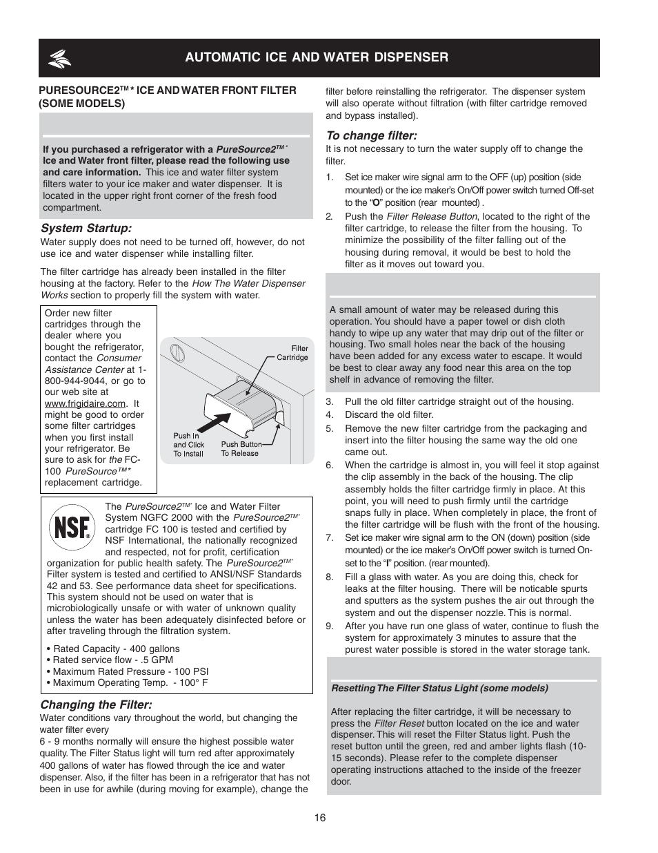 Automatic ice and water dispenser | FRIGIDAIRE 241721000 User Manual | Page 16 / 26