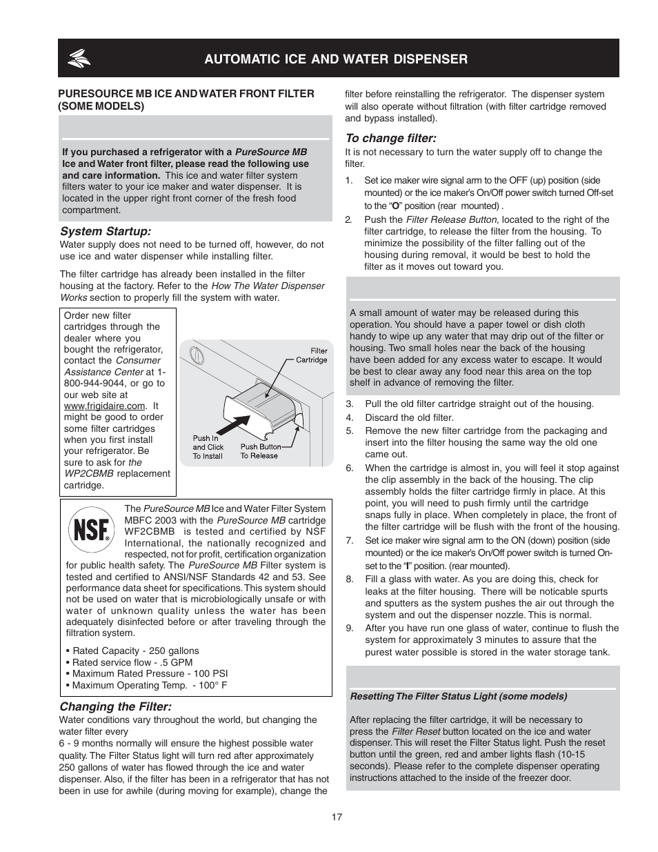 Automatic ice and water dispenser | FRIGIDAIRE 241721000 User Manual | Page 17 / 26