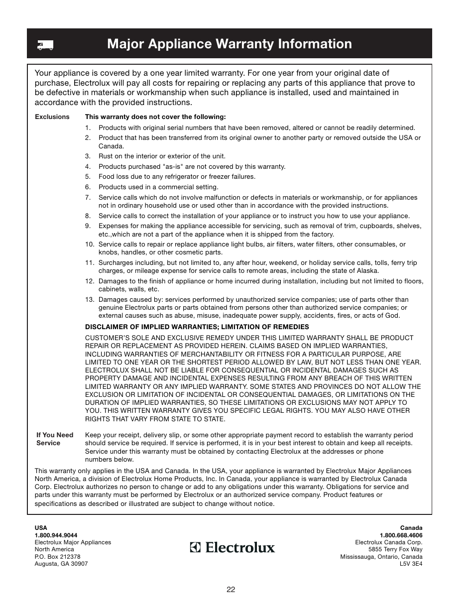 Major appliance warranty information | FRIGIDAIRE 241721000 User Manual | Page 22 / 26