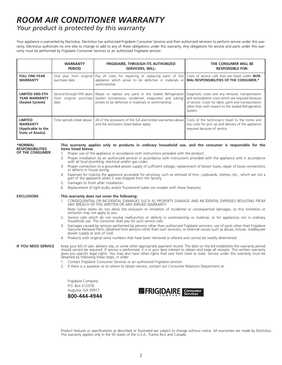 Room air conditioner warranty, Your product is protected by this warranty | FRIGIDAIRE 309000854 User Manual | Page 2 / 8
