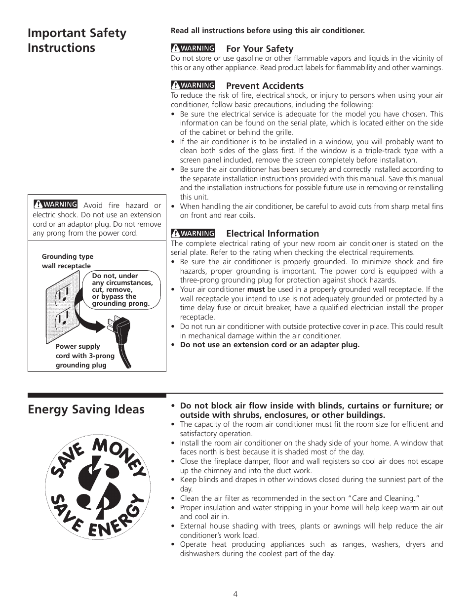 Important safety instructions, Energy saving ideas | FRIGIDAIRE 309000854 User Manual | Page 4 / 8