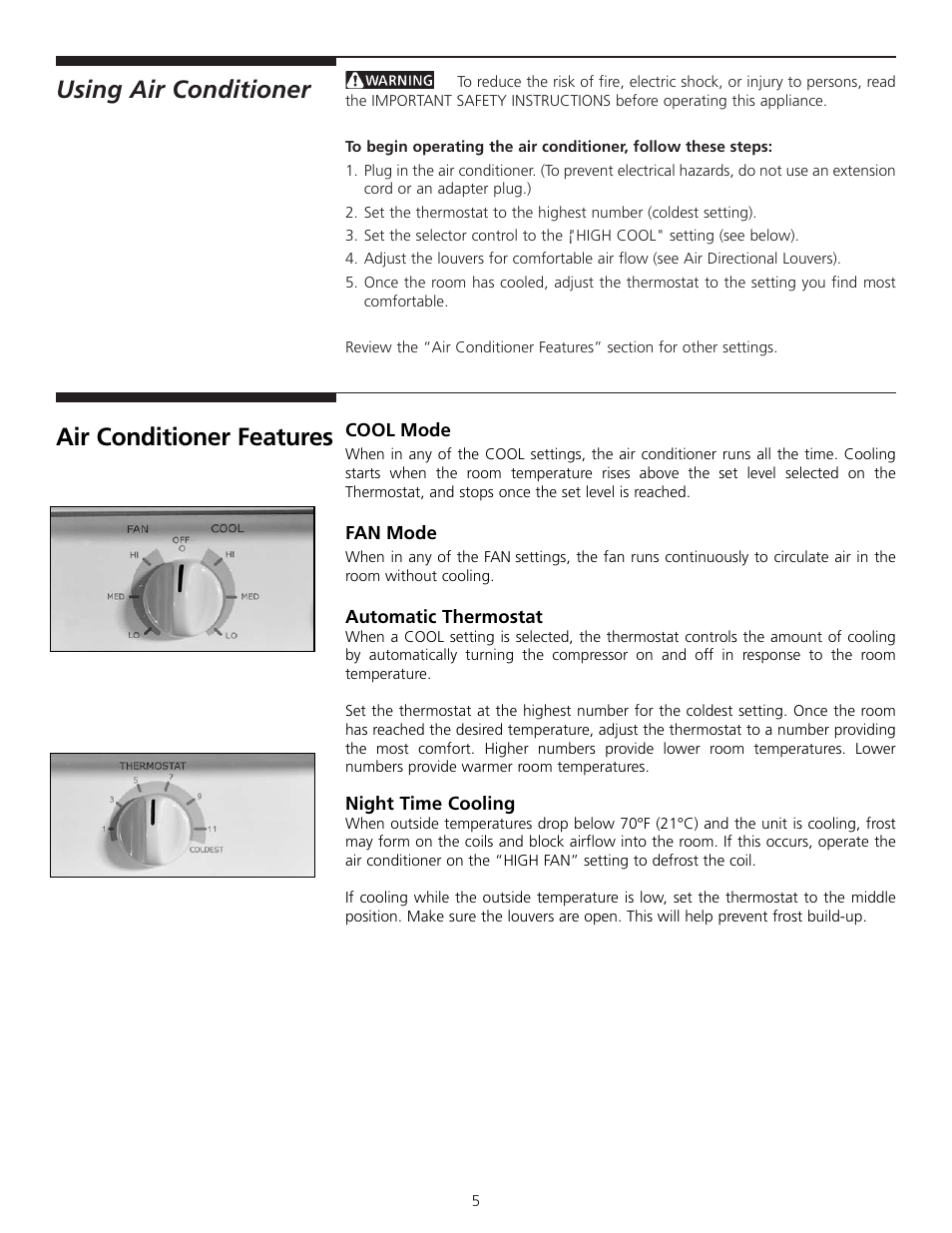 Using air conditioner, Air conditioner features | FRIGIDAIRE 309000854 User Manual | Page 5 / 8