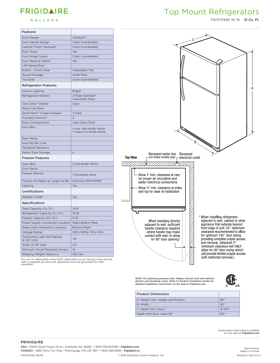 Top mount refrigerators frigidaire professional, Top mount refrigerators | FRIGIDAIRE FGHT2134K W/B User Manual | Page 2 / 2