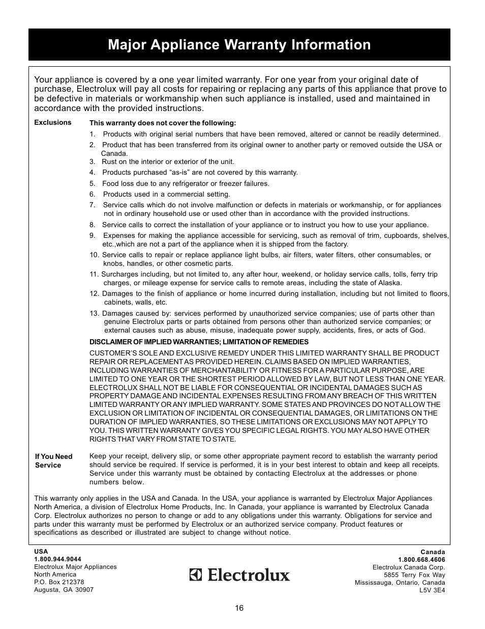 Major appliance warranty information | FRIGIDAIRE 1000 Series User Manual | Page 16 / 16