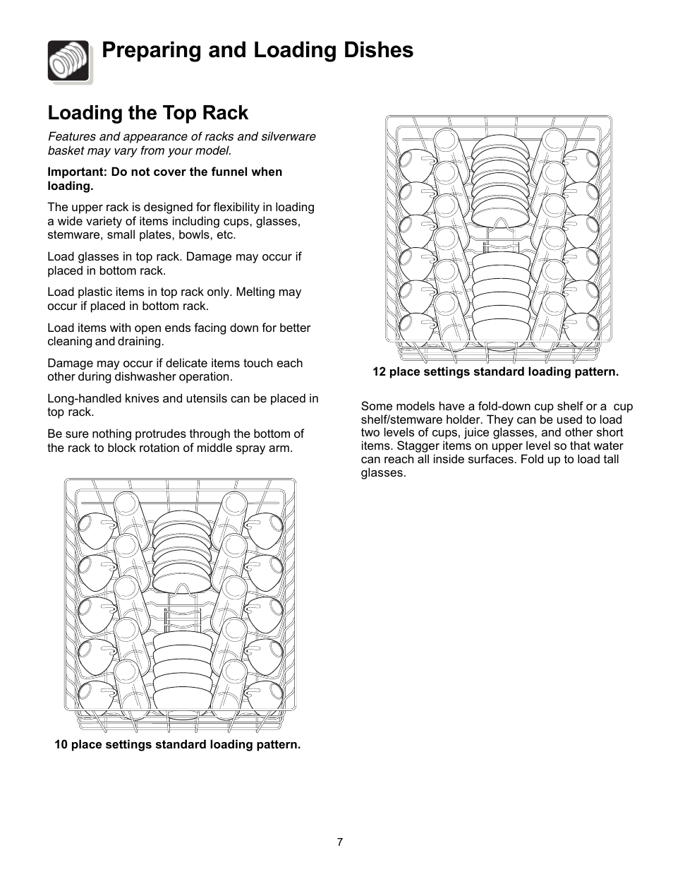 Preparing and loading dishes, Loading the top rack | FRIGIDAIRE 1000 Series User Manual | Page 7 / 16