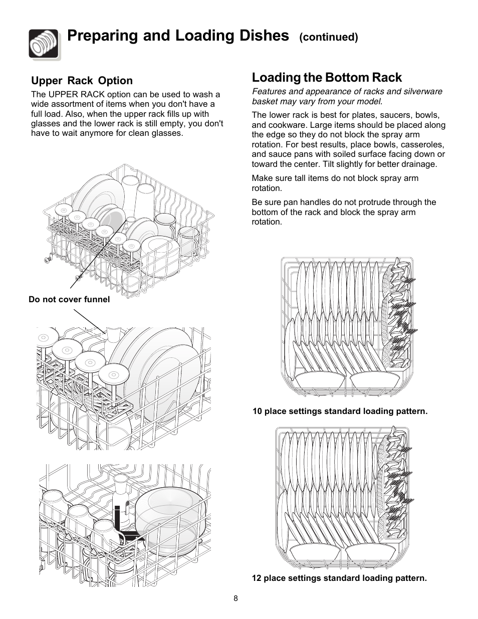 Preparing and loading dishes, Loading the bottom rack | FRIGIDAIRE 1000 Series User Manual | Page 8 / 16