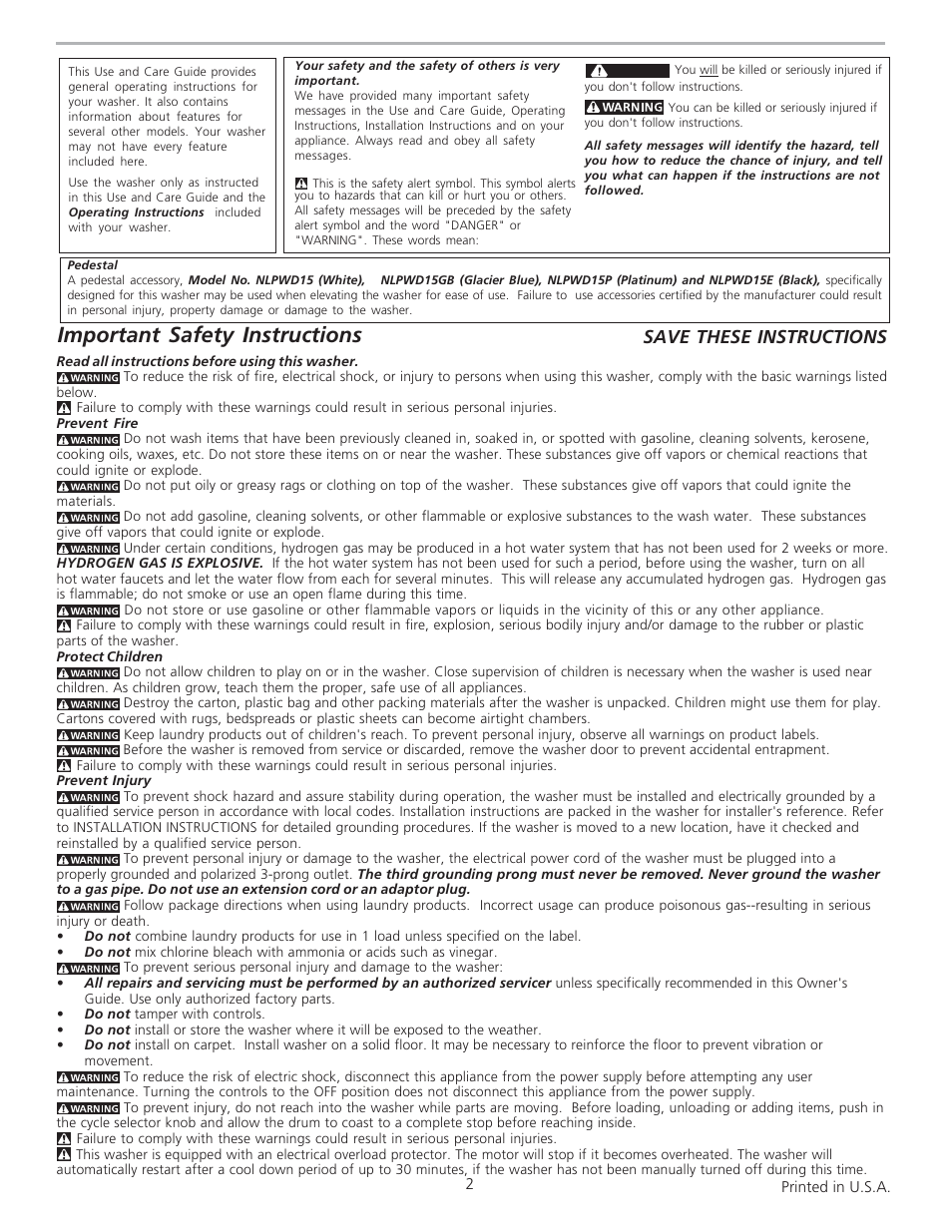 Important safety instructions, Save these instructions | FRIGIDAIRE 134763000 User Manual | Page 2 / 9