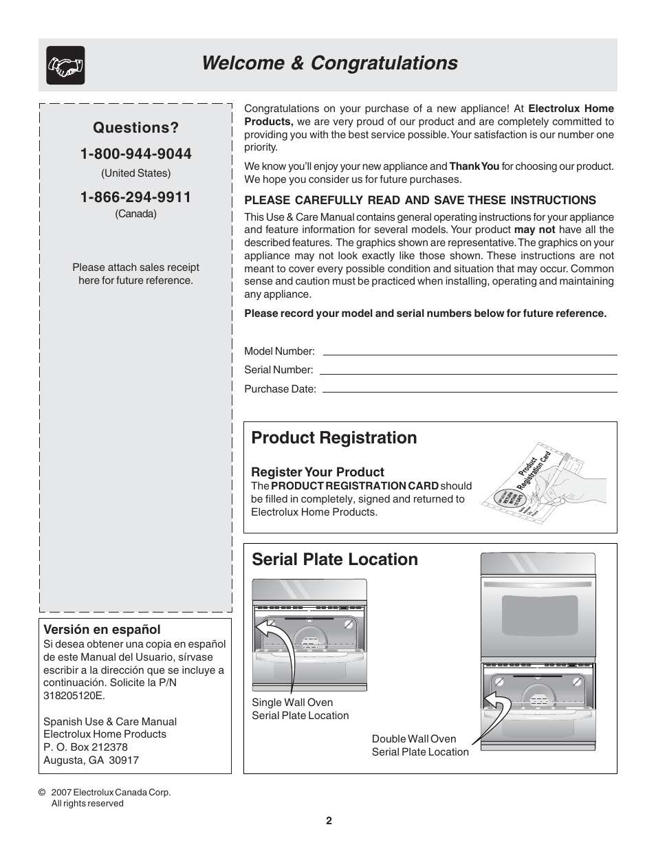 Product registration, Serial plate location | FRIGIDAIRE 318205120 User Manual | Page 2 / 16