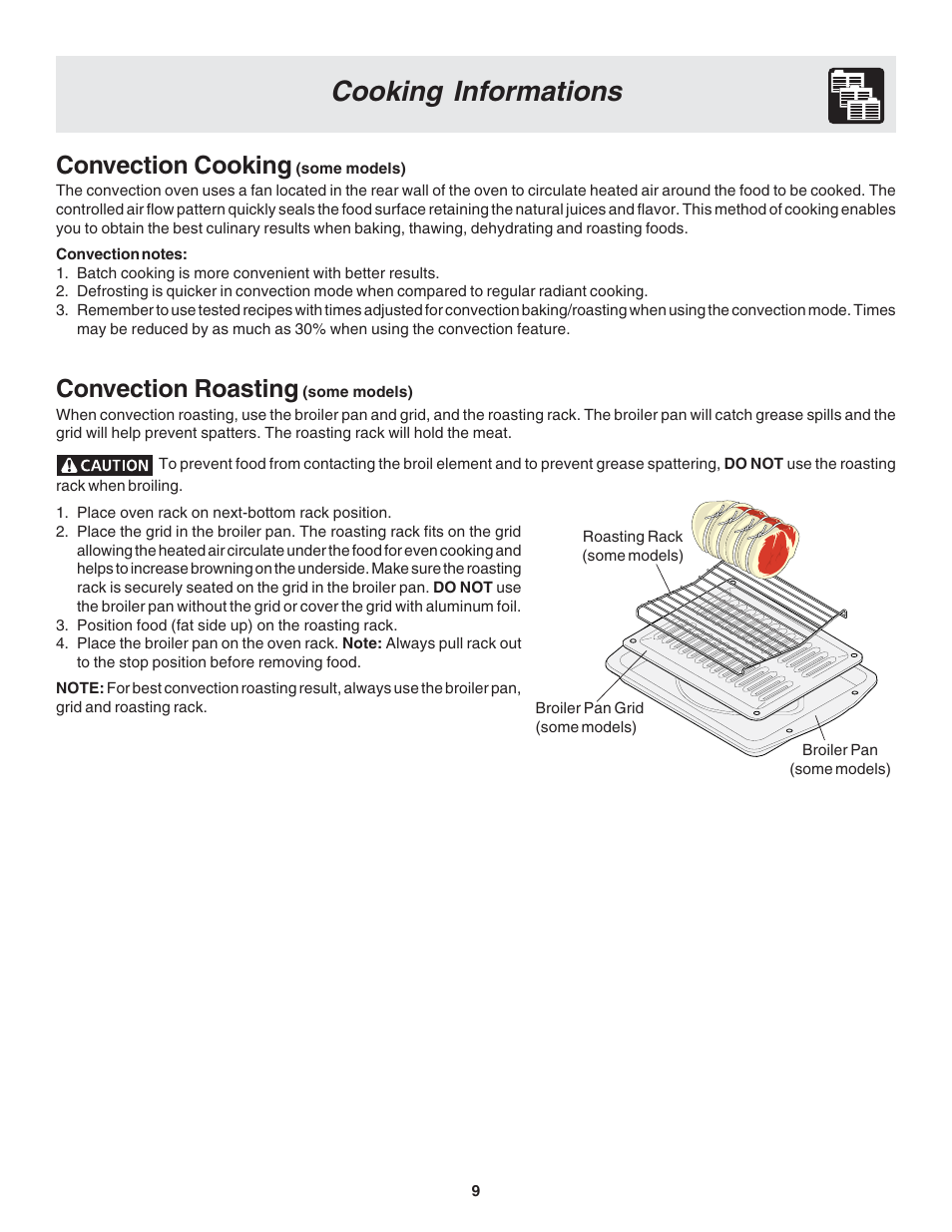 Cooking informations, Convection cooking, Convection roasting | FRIGIDAIRE 318205120 User Manual | Page 9 / 16