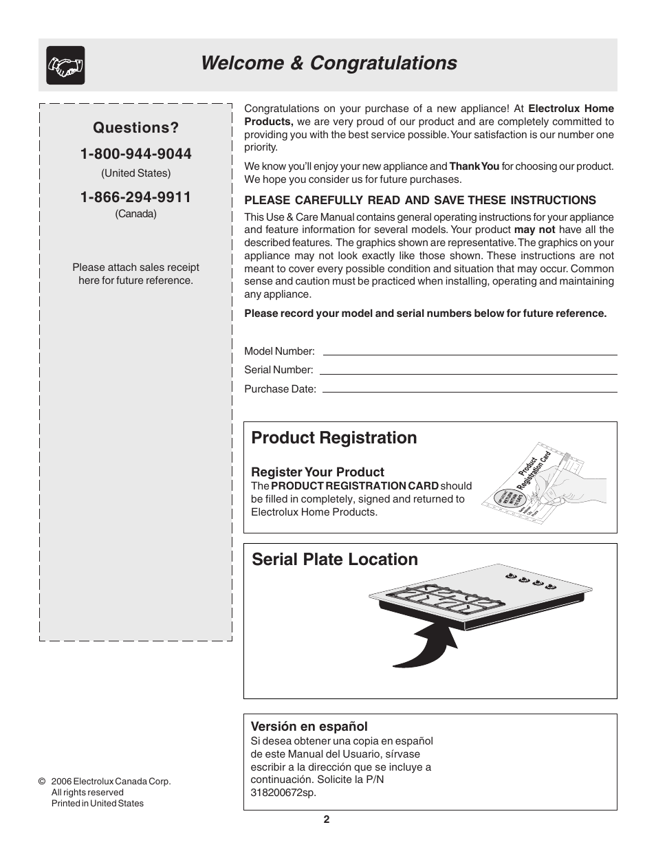 Product registration, Serial plate location | FRIGIDAIRE 318200672 User Manual | Page 2 / 12