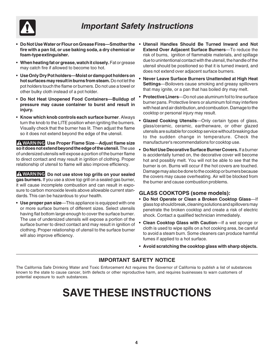 Save these instructions, Important safety instructions | FRIGIDAIRE 318200672 User Manual | Page 4 / 12