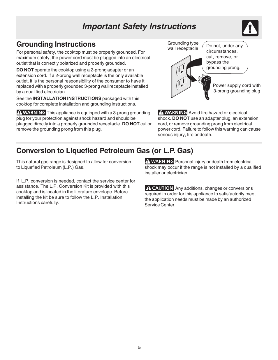 Important safety instructions, Grounding instructions | FRIGIDAIRE 318200672 User Manual | Page 5 / 12