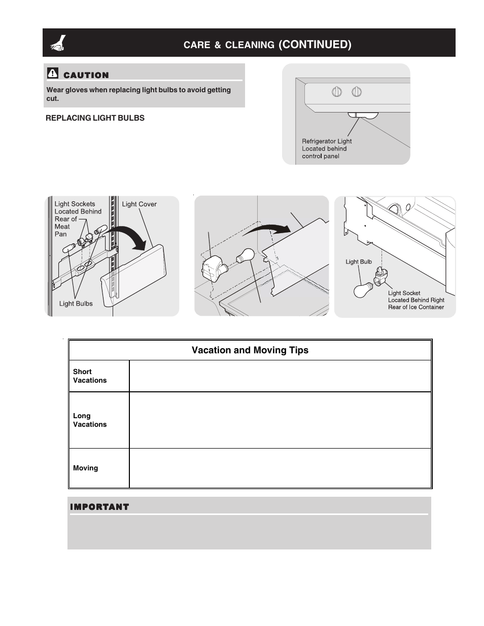 Continued), Care & cleaning, Vacation and moving tips | FRIGIDAIRE 241695301 User Manual | Page 19 / 24